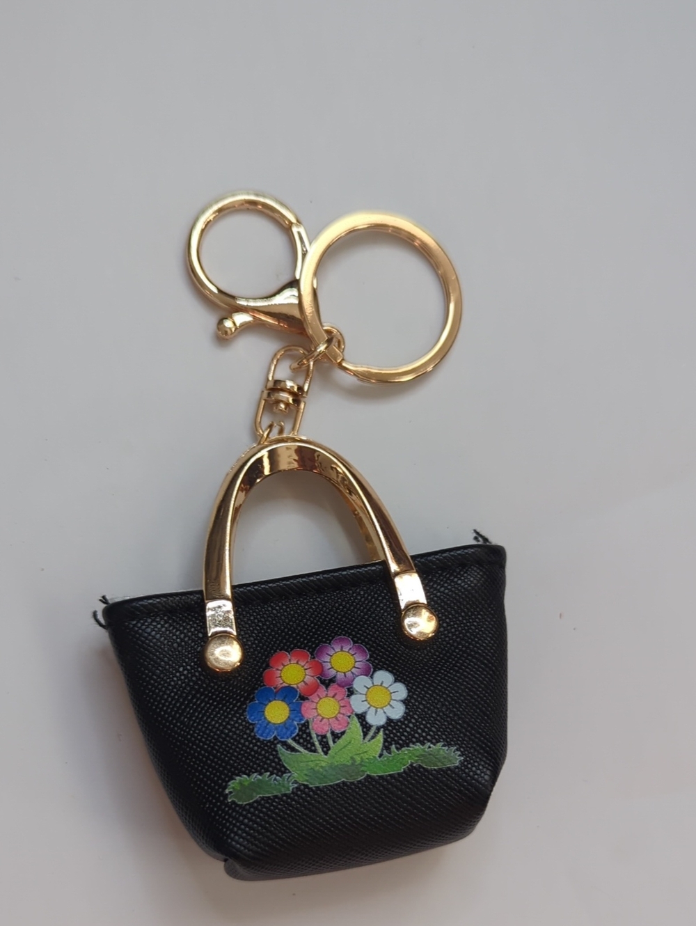 Mini Black Flower Tote Keychain with Gold Hardware